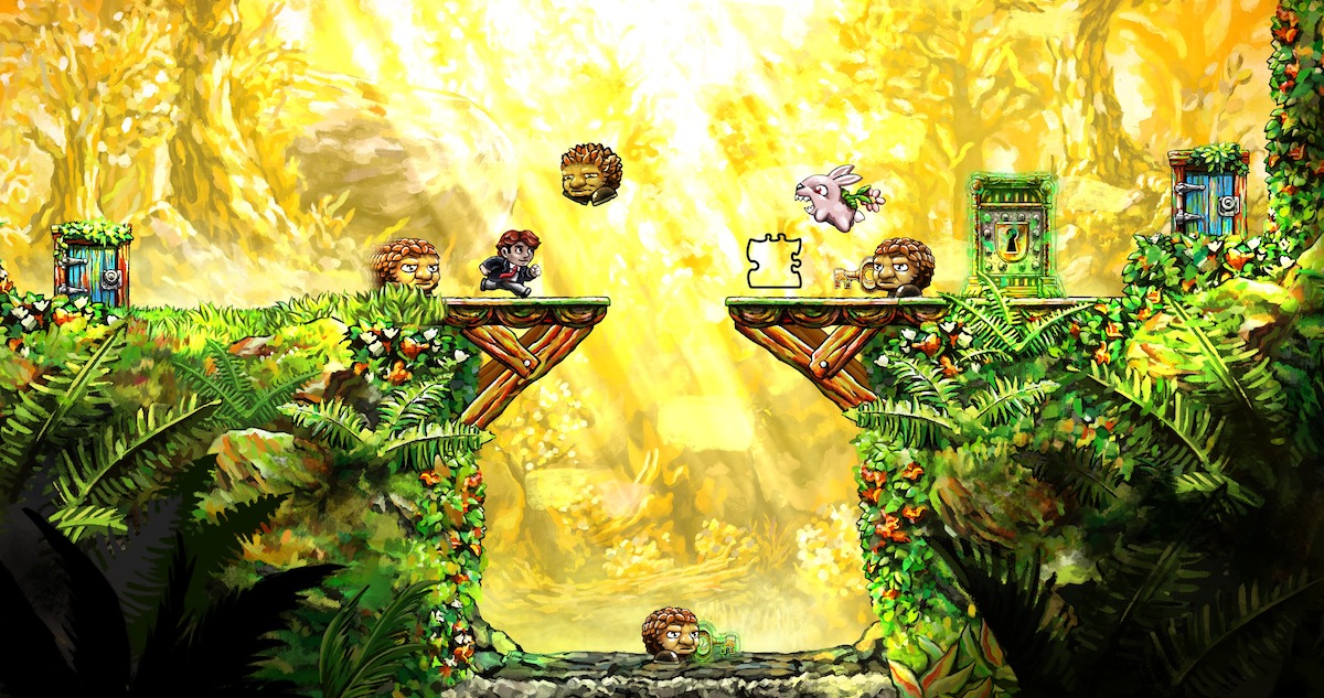 Image of video game play of Braid: Anniversary Edition. Game character running on a bridge in a jungle scene.