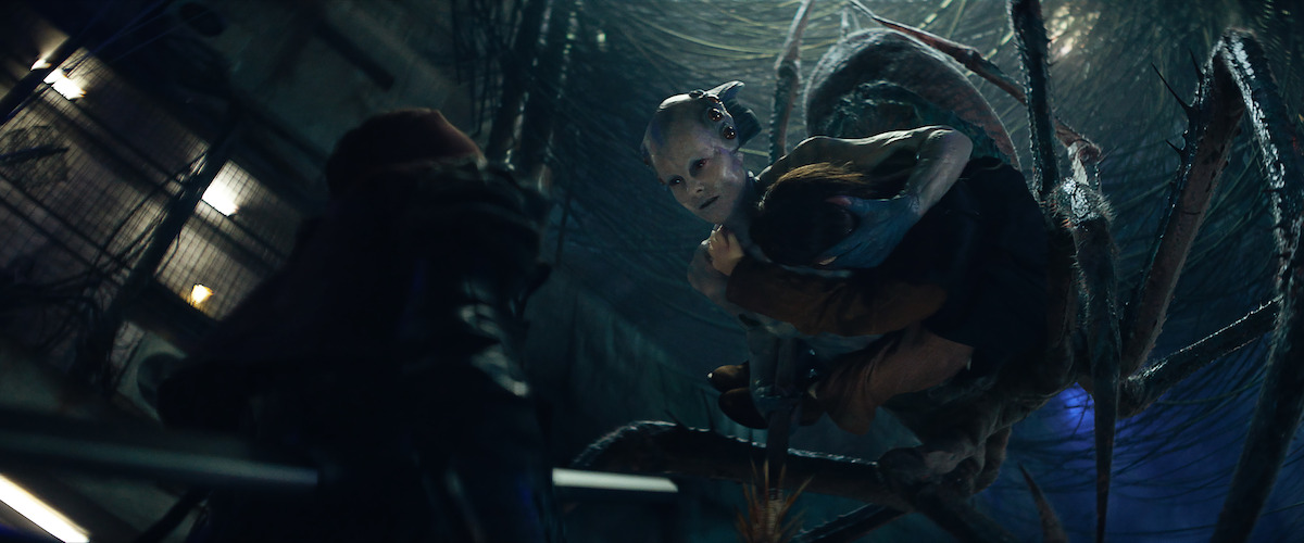 Jena Malone descends from the ceiling as Harmada, a spider-like creature with beige and blue skin in a still from ‘Rebel Moon.’