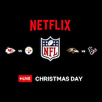 NFL on Netflix with four team logos including Kansas City Chiefs, Philadelphia Steelers, Baltimore Ravens and Houston Texans