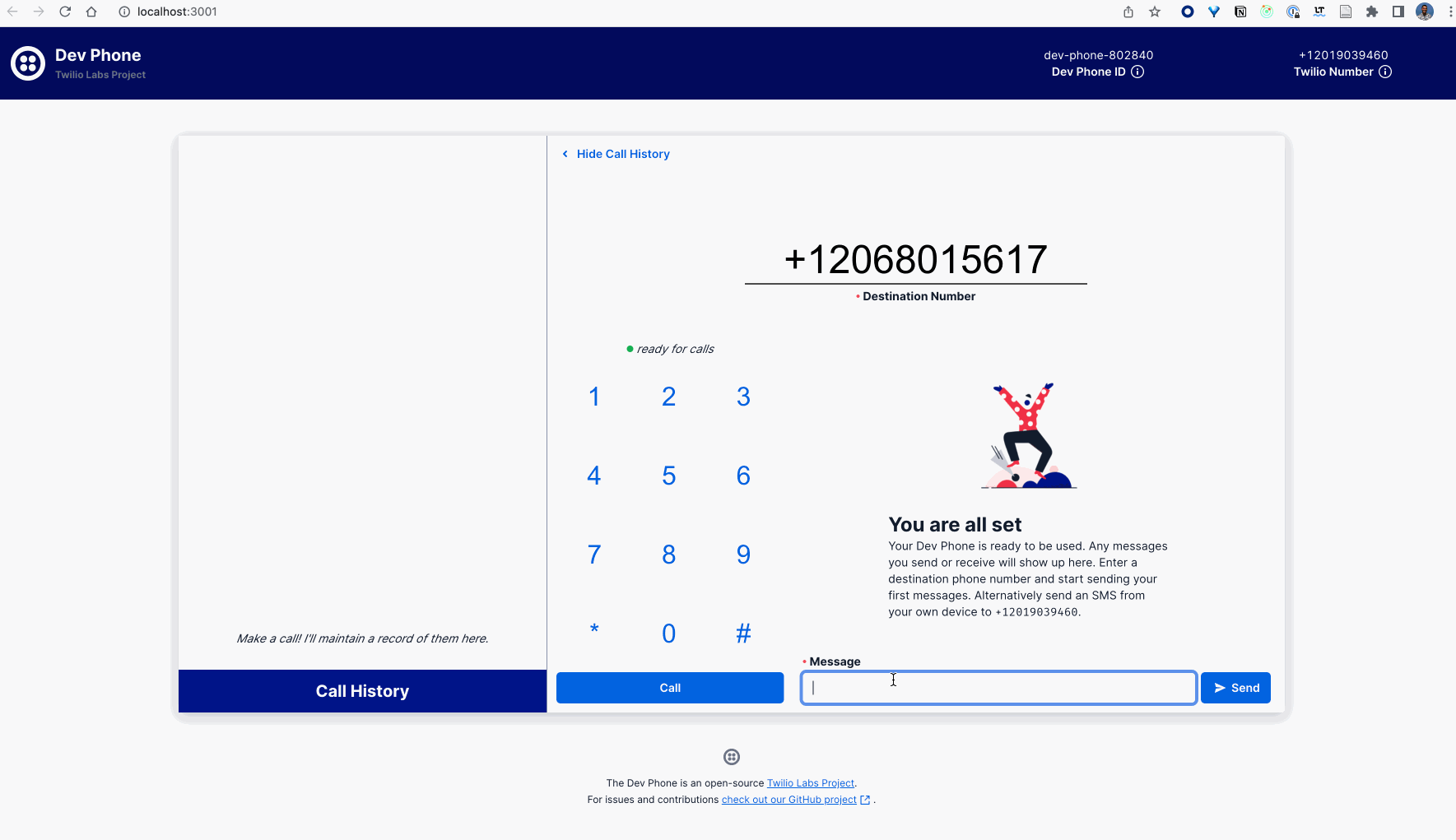Sending an SMS with the Twilio Dev Phone.