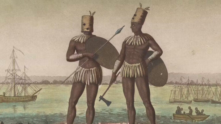 A 1792 illustration showing Mpfumo natives in their war dress.
