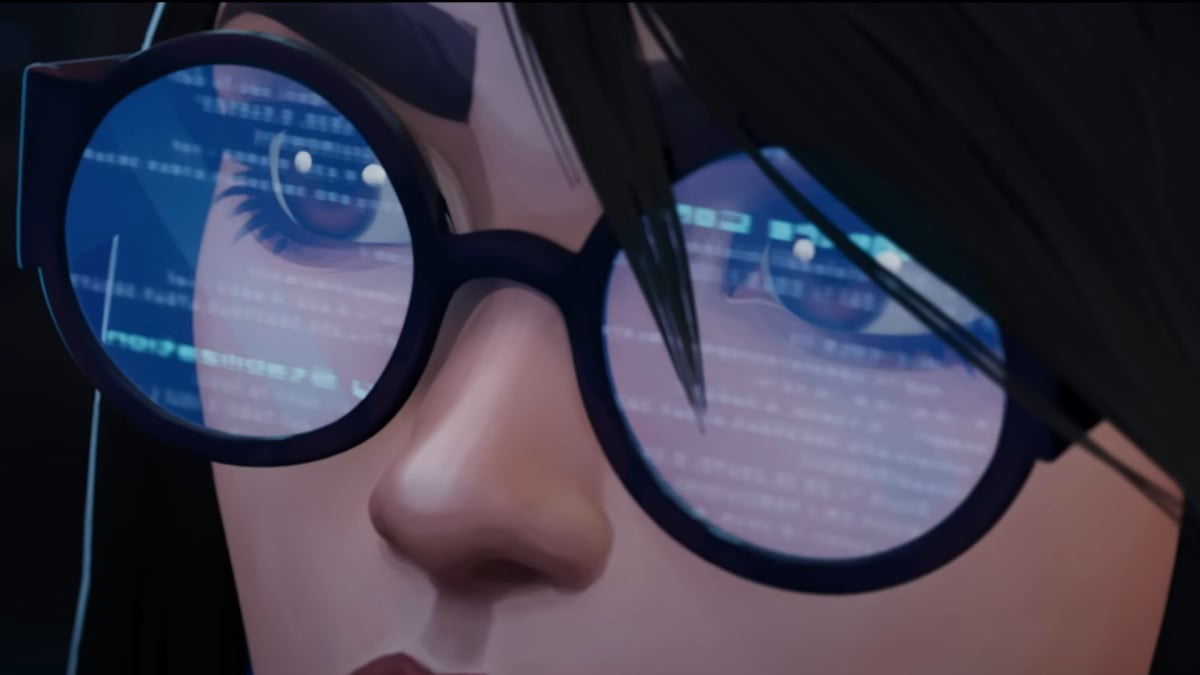 a close up of killjoy reading a computer screen