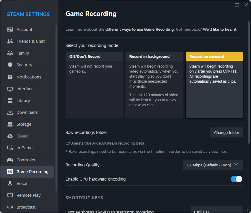 Game Recording settings in Steam.