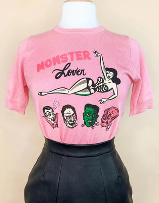 Monster Lover Short Sleeve Sweater in Pink