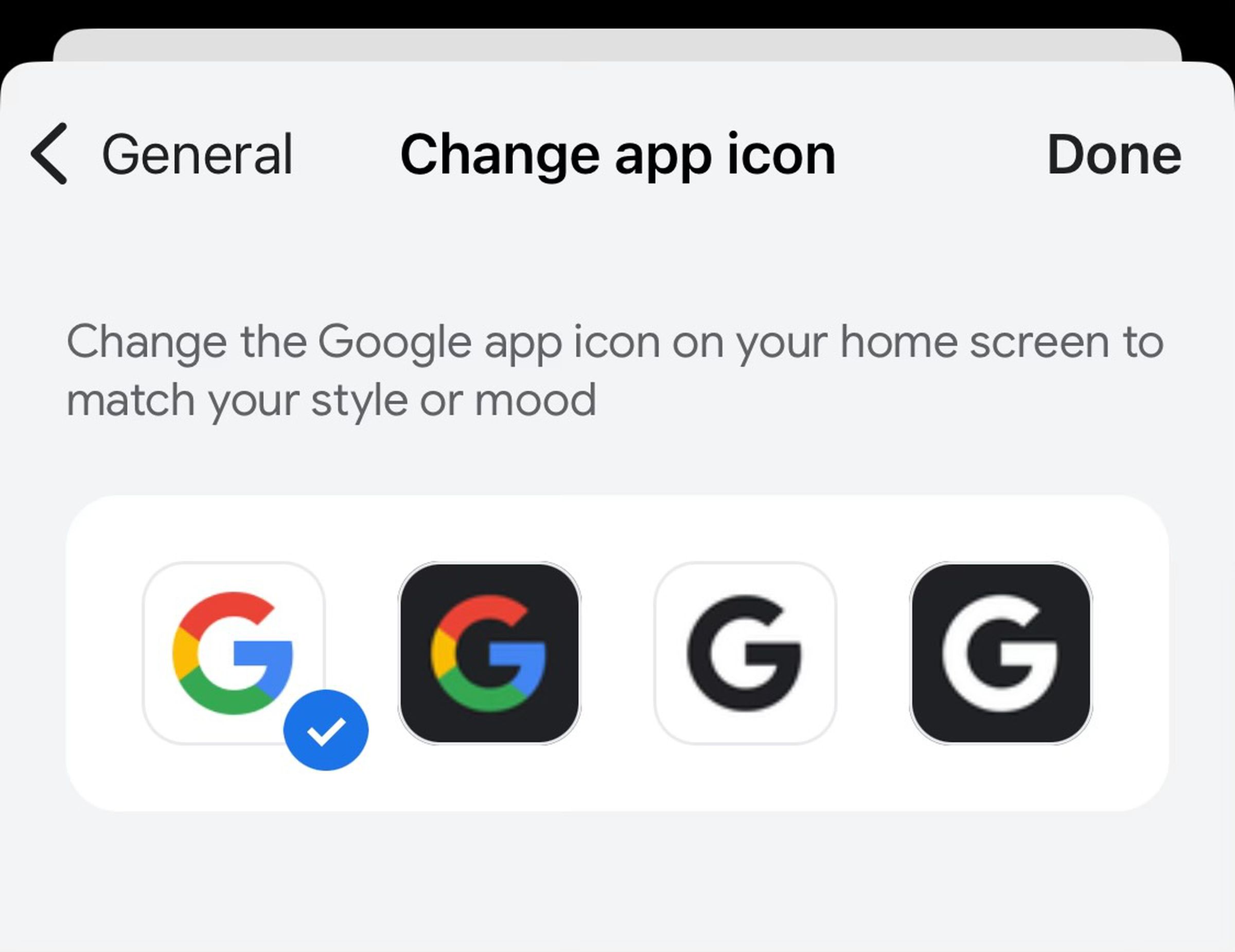 A screenshot featuring the four different app icon options for Google’s iOS app.