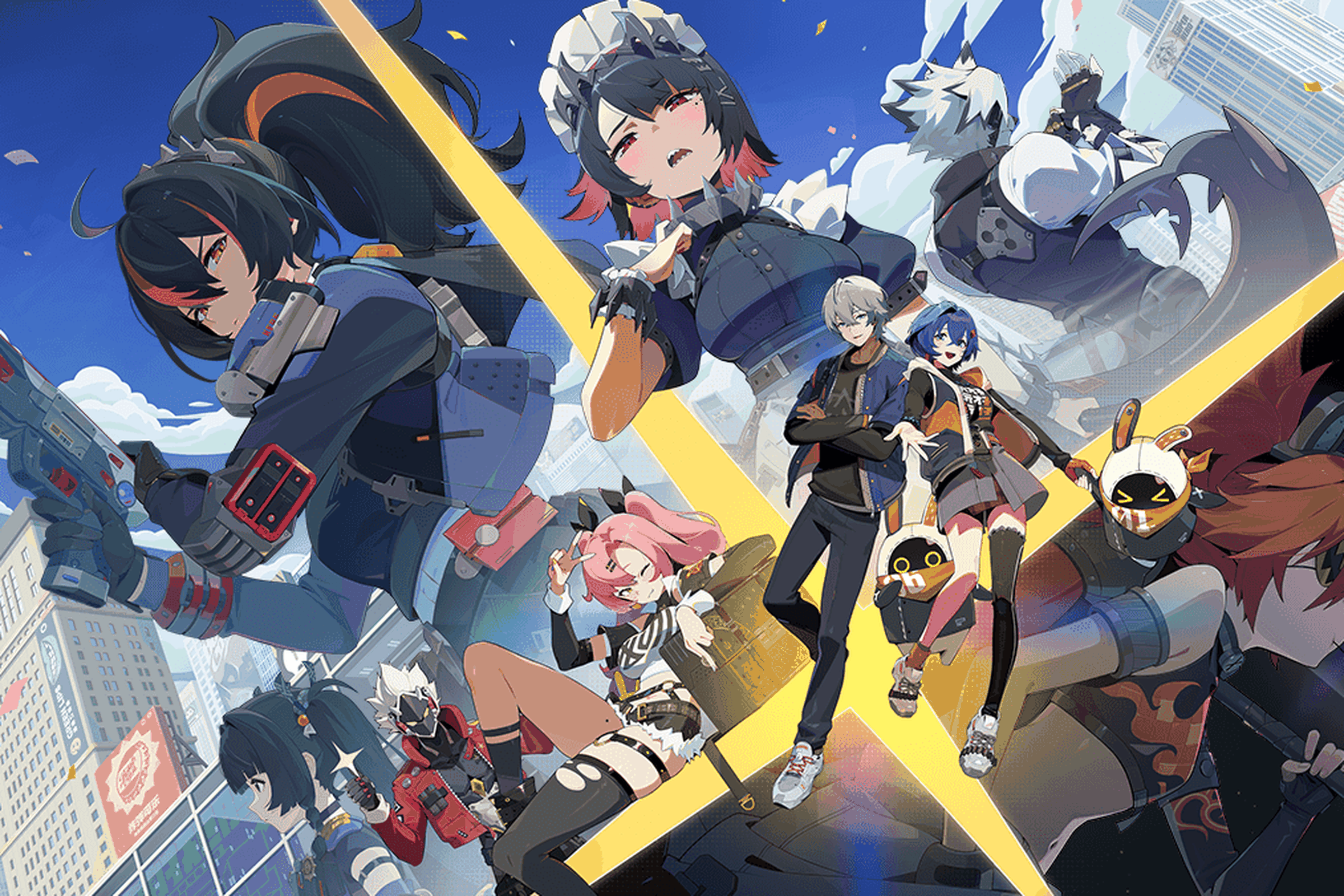 Key art from Zenless Zone Zero featuring a collage of characters against an urban landscape