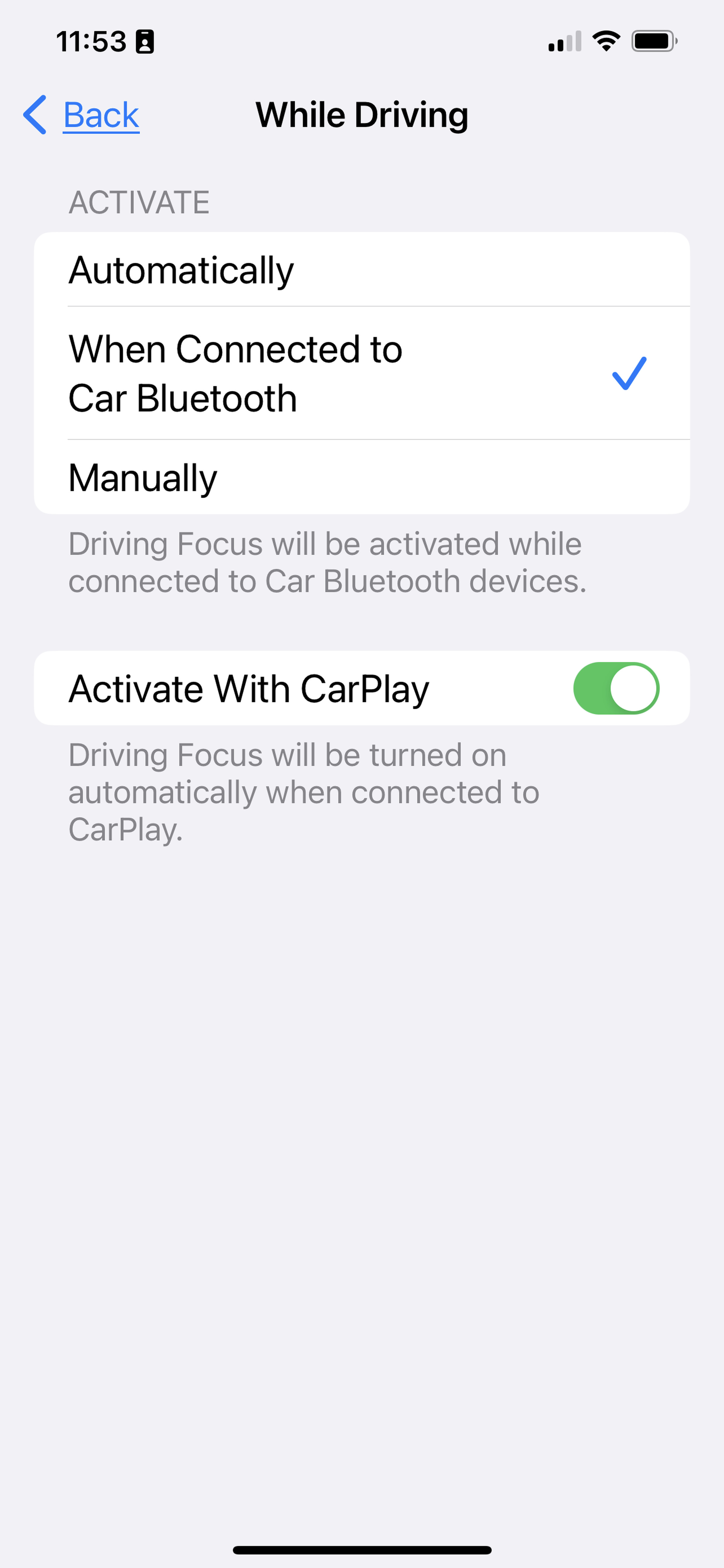 Screenshot of Driving focus automation options