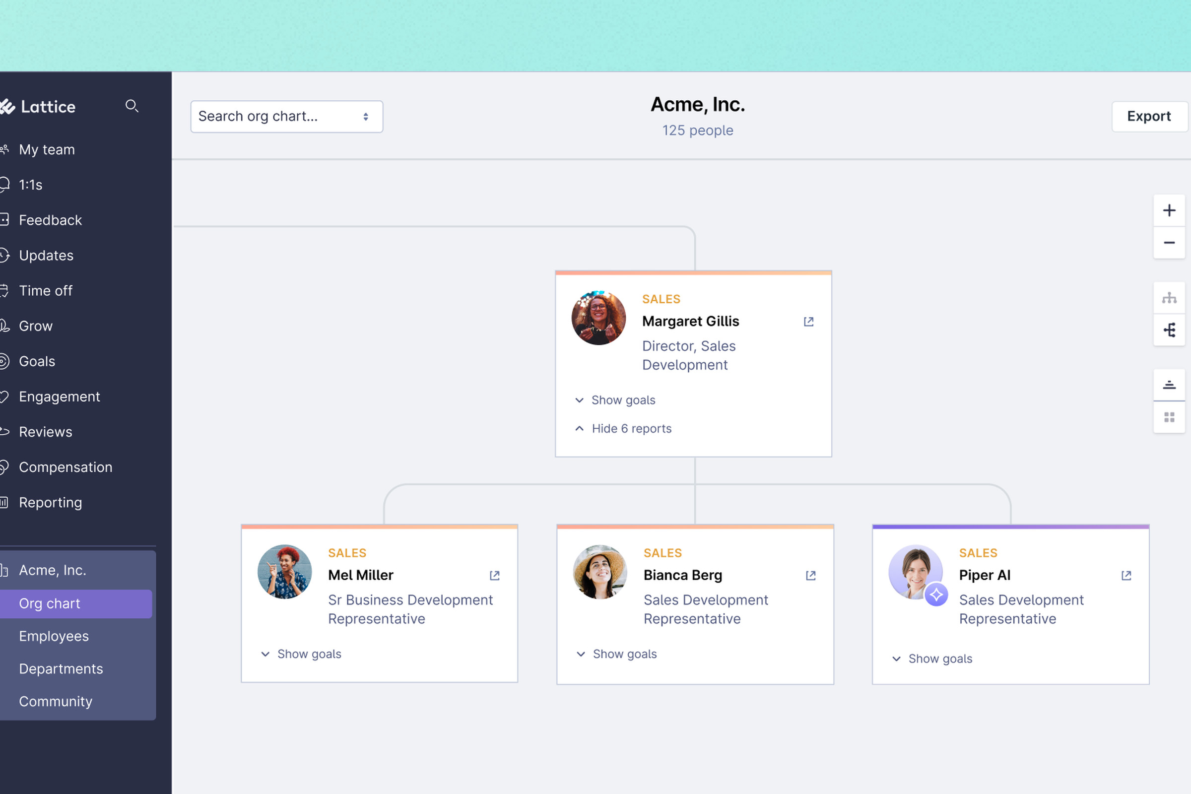 A screenshot showing an AI worker as part of an org chart in Lattice.