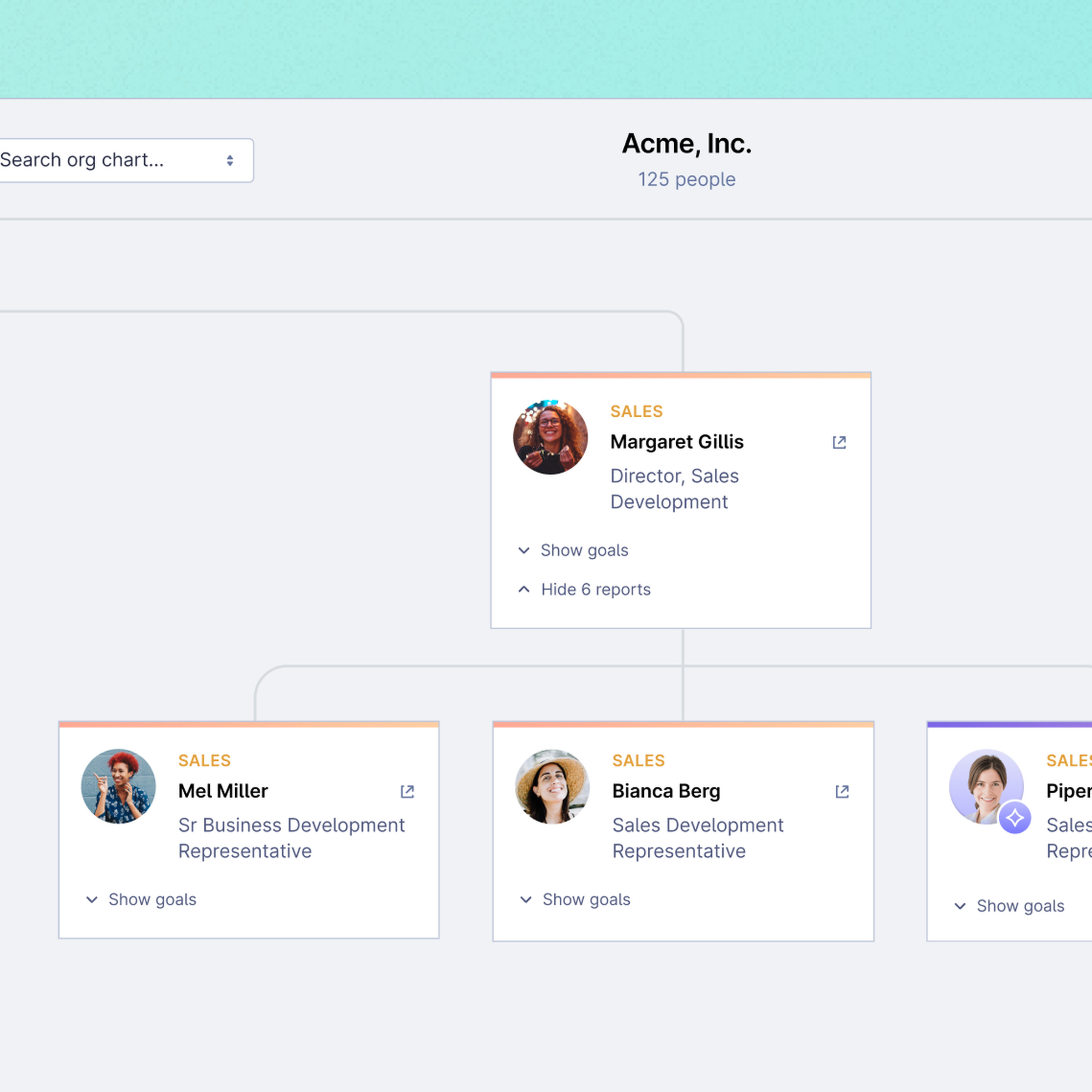 A screenshot showing an AI worker as part of an org chart in Lattice.