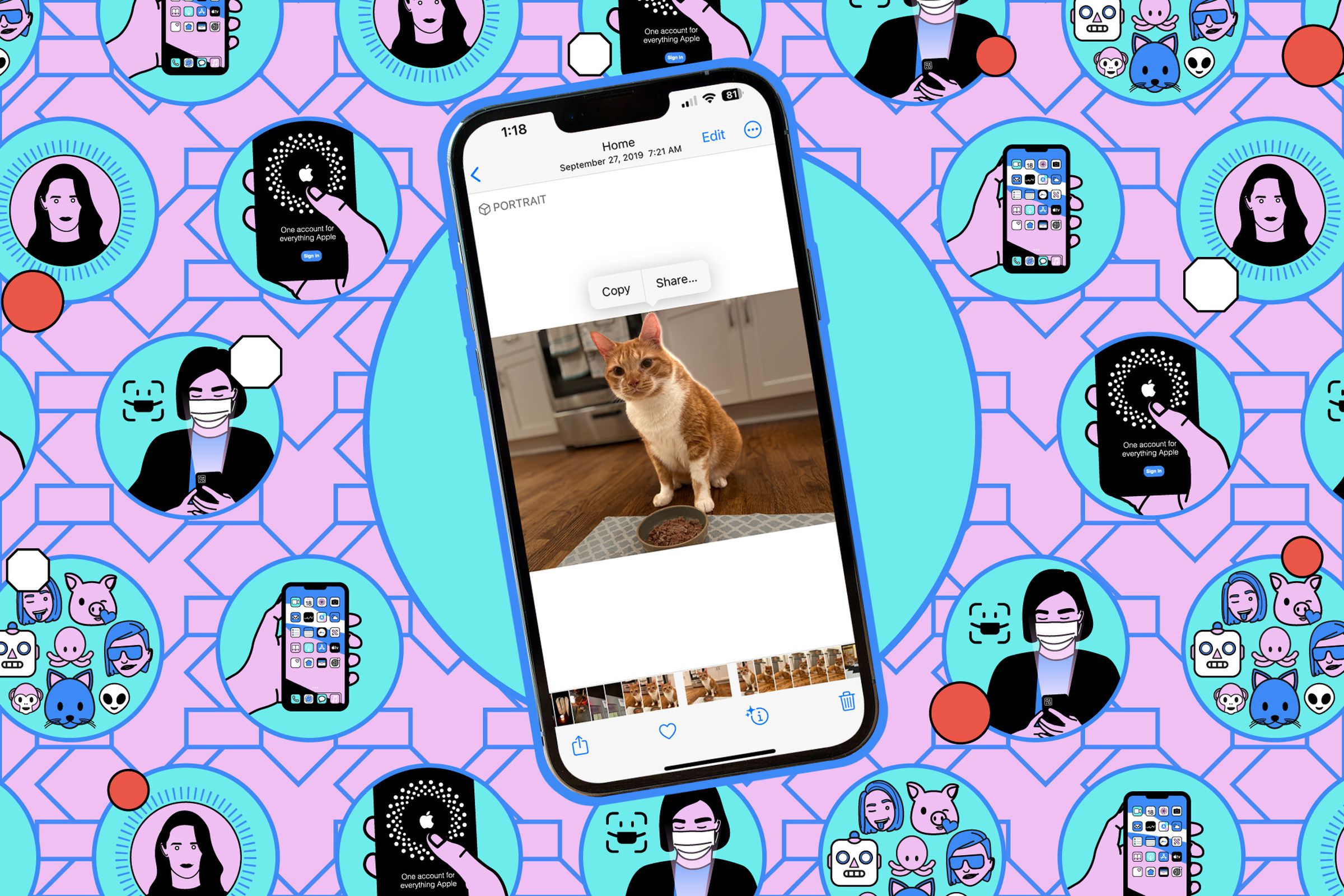 Illustration of a phone with a photo of a cat featured onscreen.