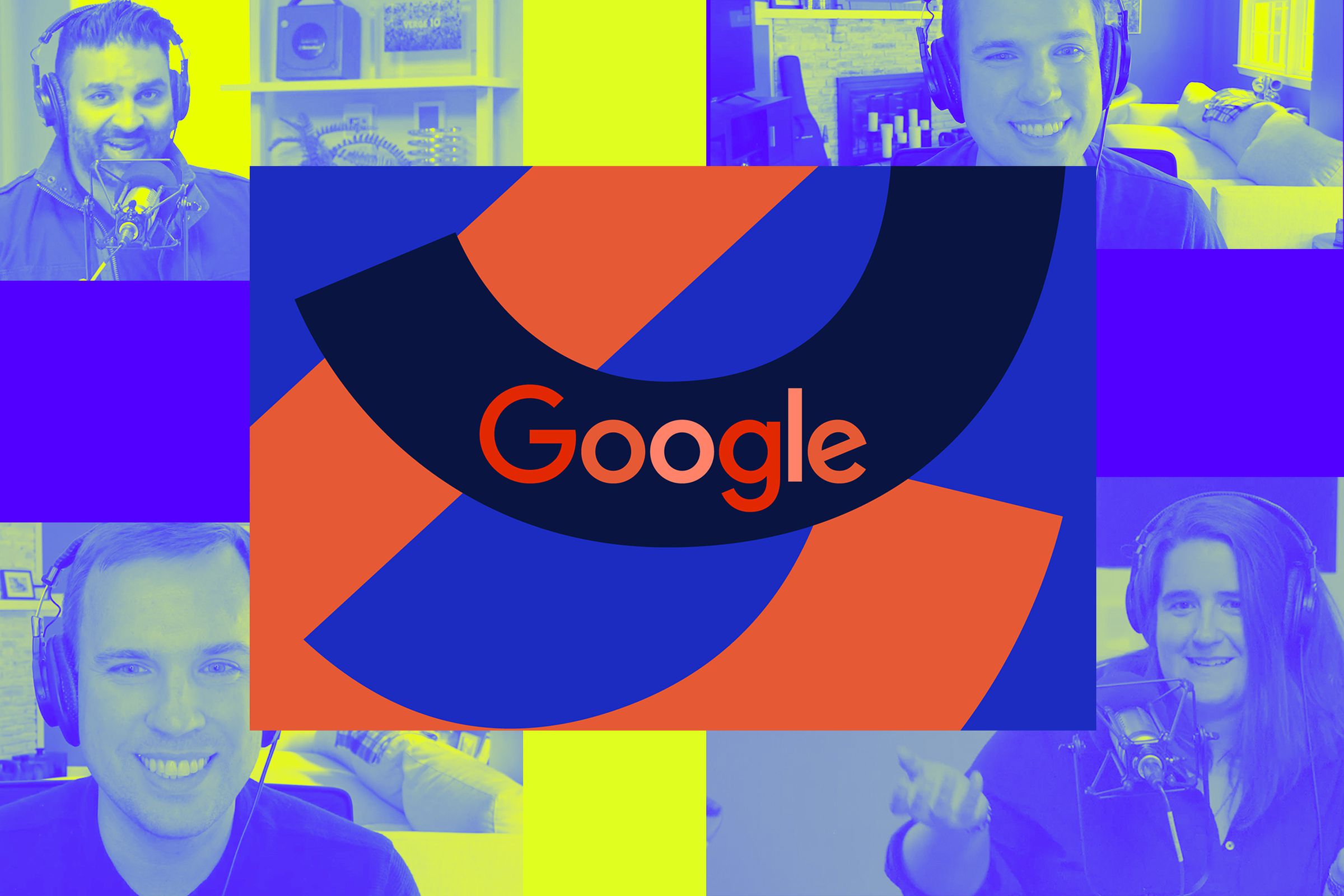 An image of the Google logo on top of a Vergecast illustration.