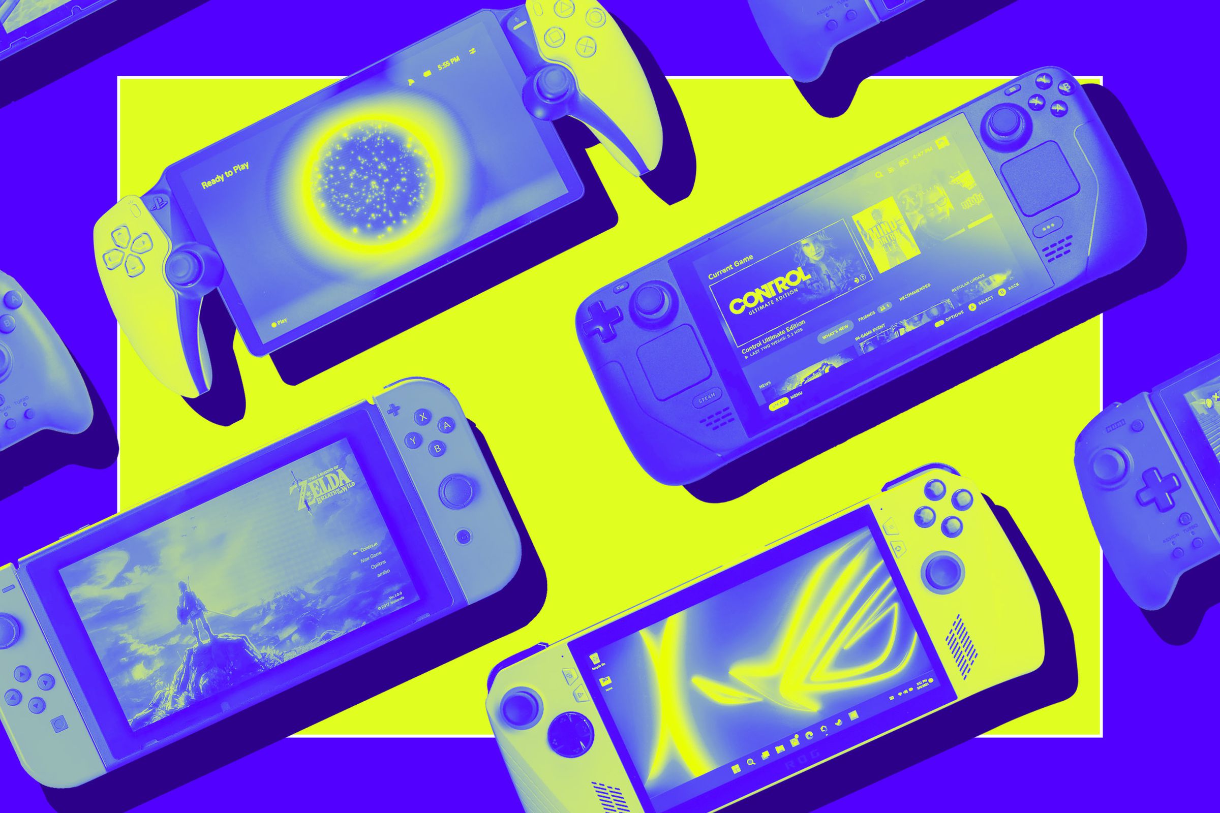 An illustration of several handheld game consoles, in Vergecast colors.