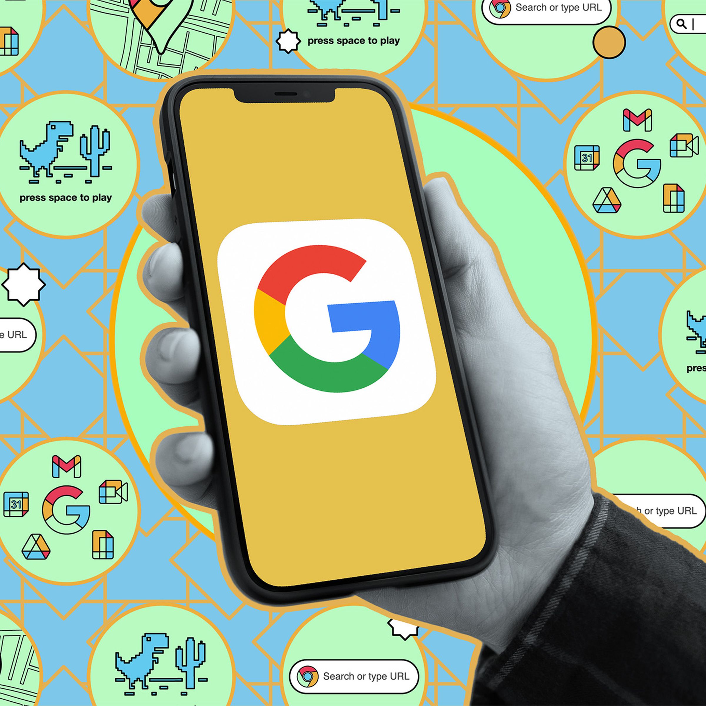 A hand holding a phone with the Google logo on it.