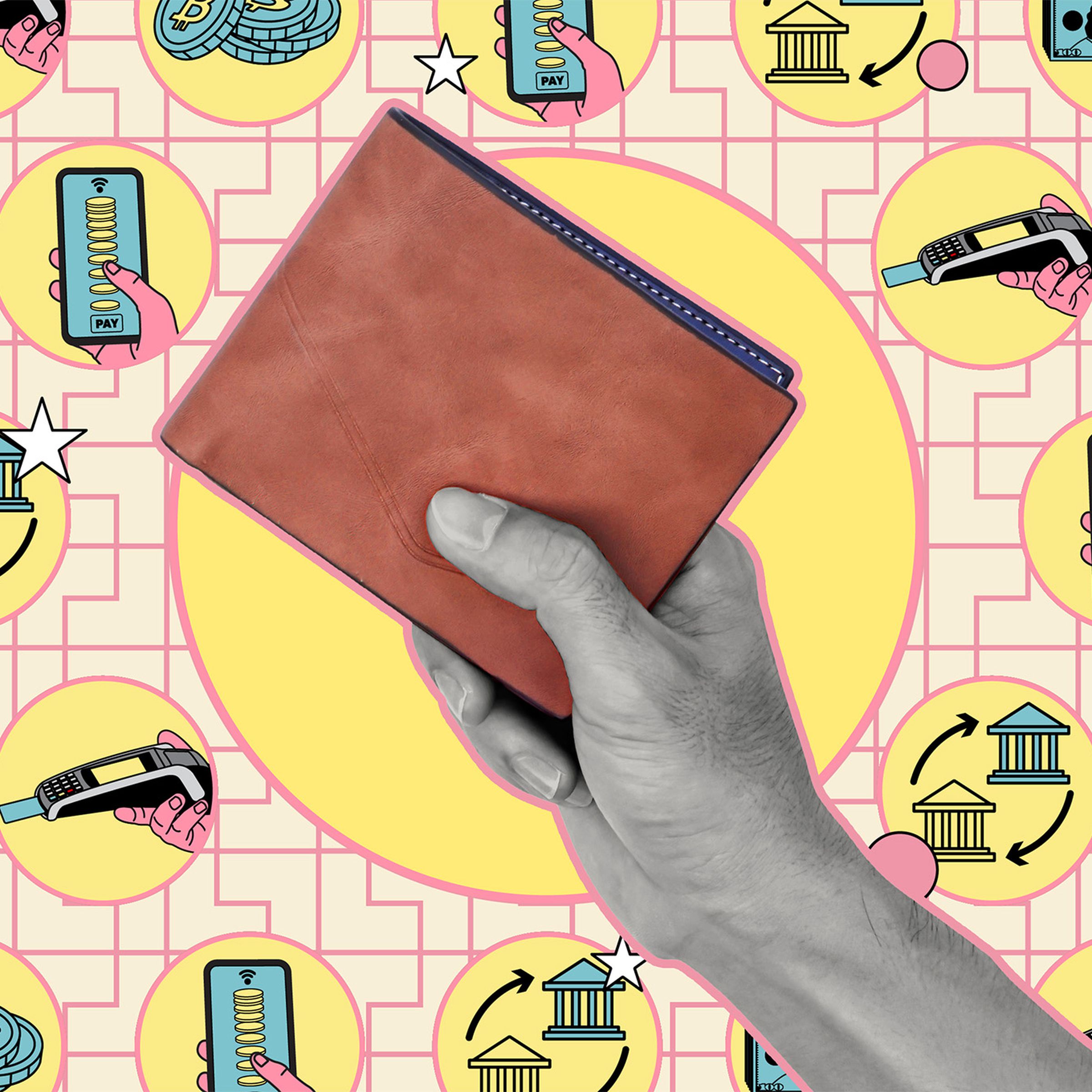 An illustration of a hand holding up a wallet in front of a yellow background filled with money-related icons.