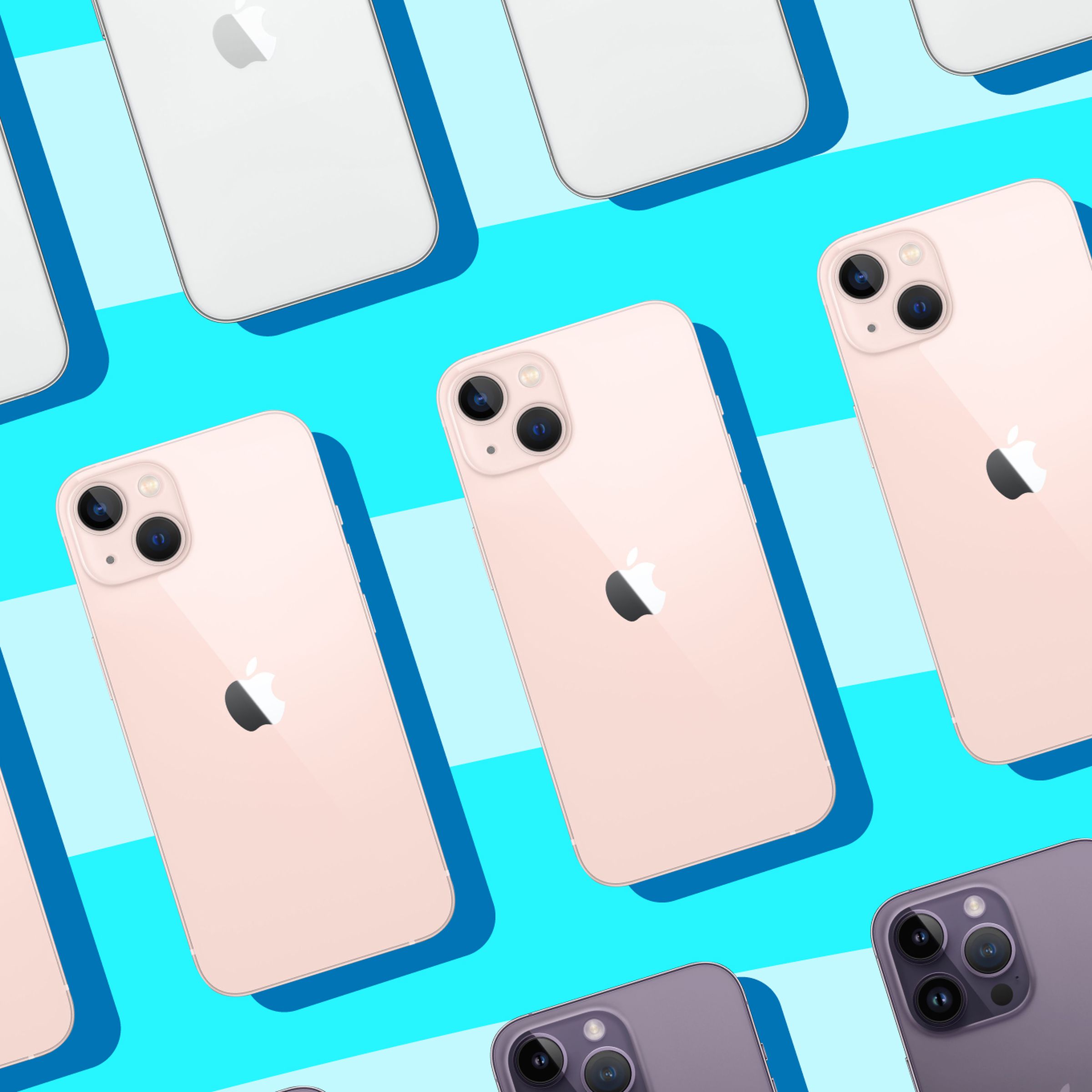 Illustration showing iPhones on a light blue striped background.