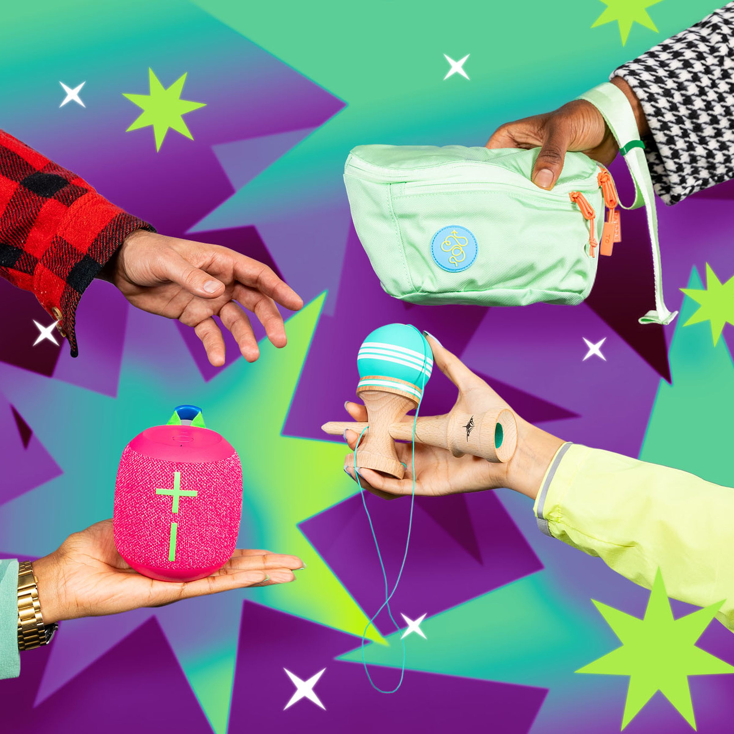 Photo illustration of hands holding various products on a brightly colored background of stars.