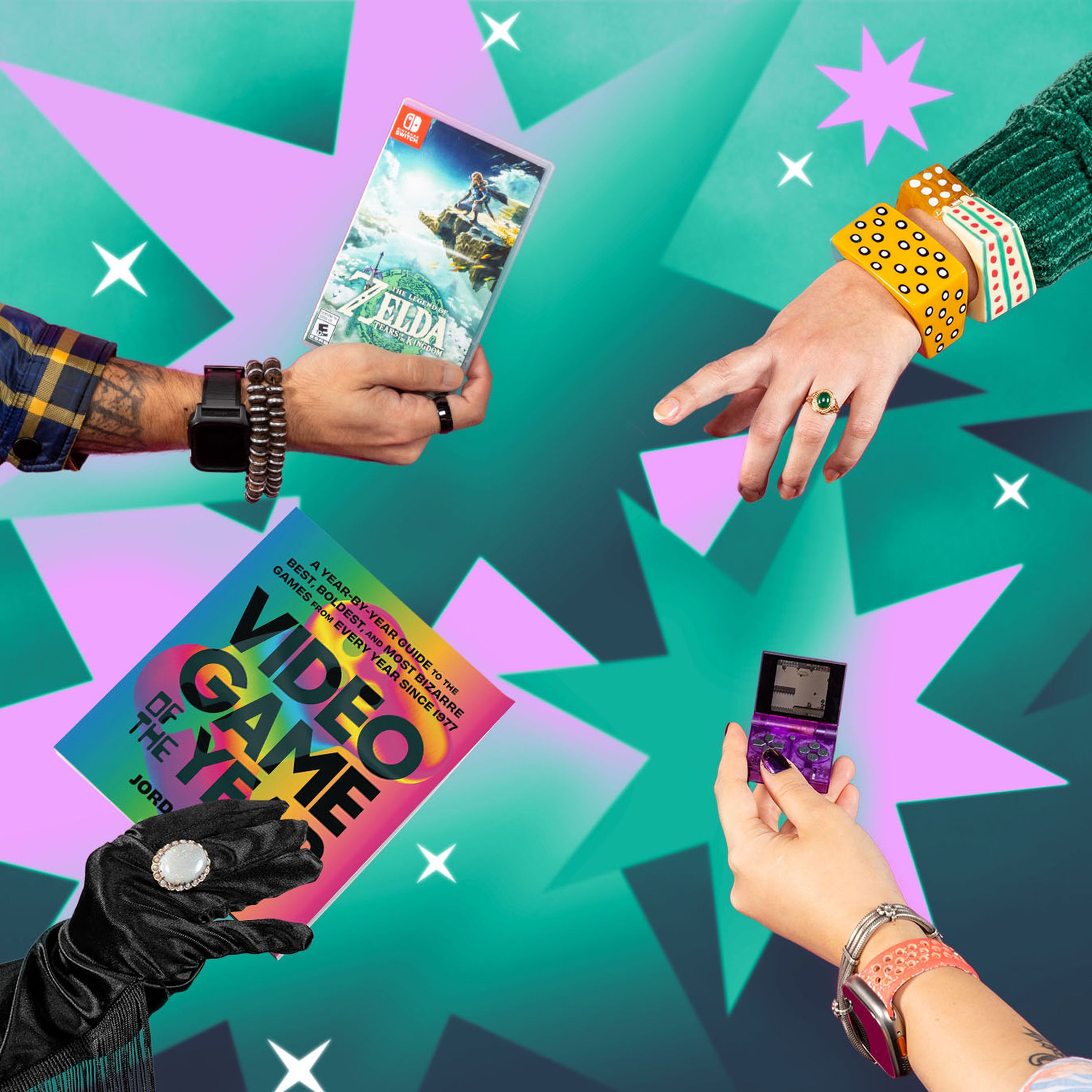 Photo illustration of hands holding various products on a brightly colored background of stars.