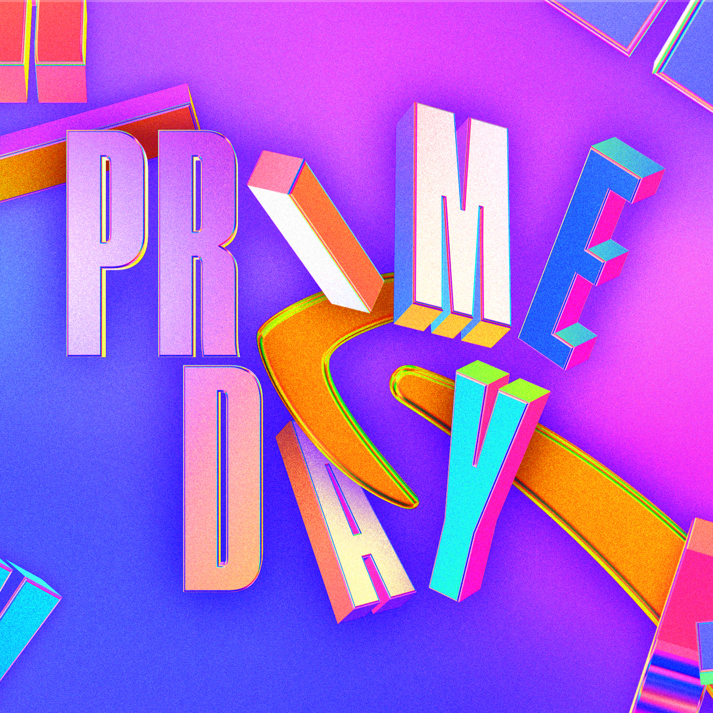 Illustration featuring soft gradients of the letters that spell Prime Day being pushed aside by an Amazon arrow.
