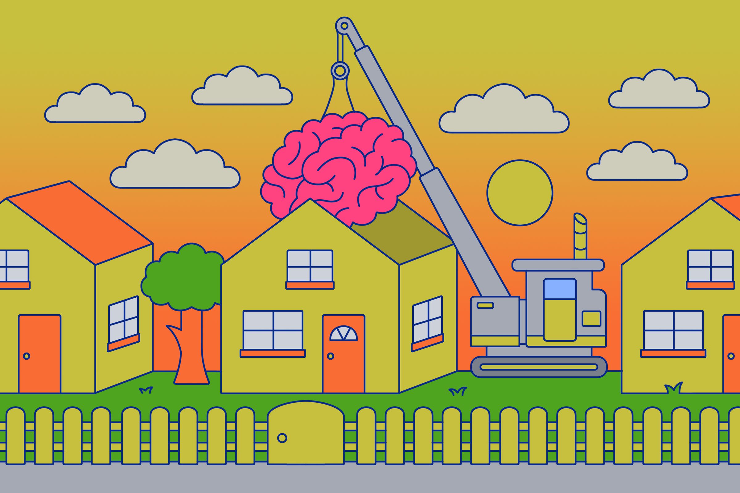 Illustration of a crane moving a brain out of a smart home.
