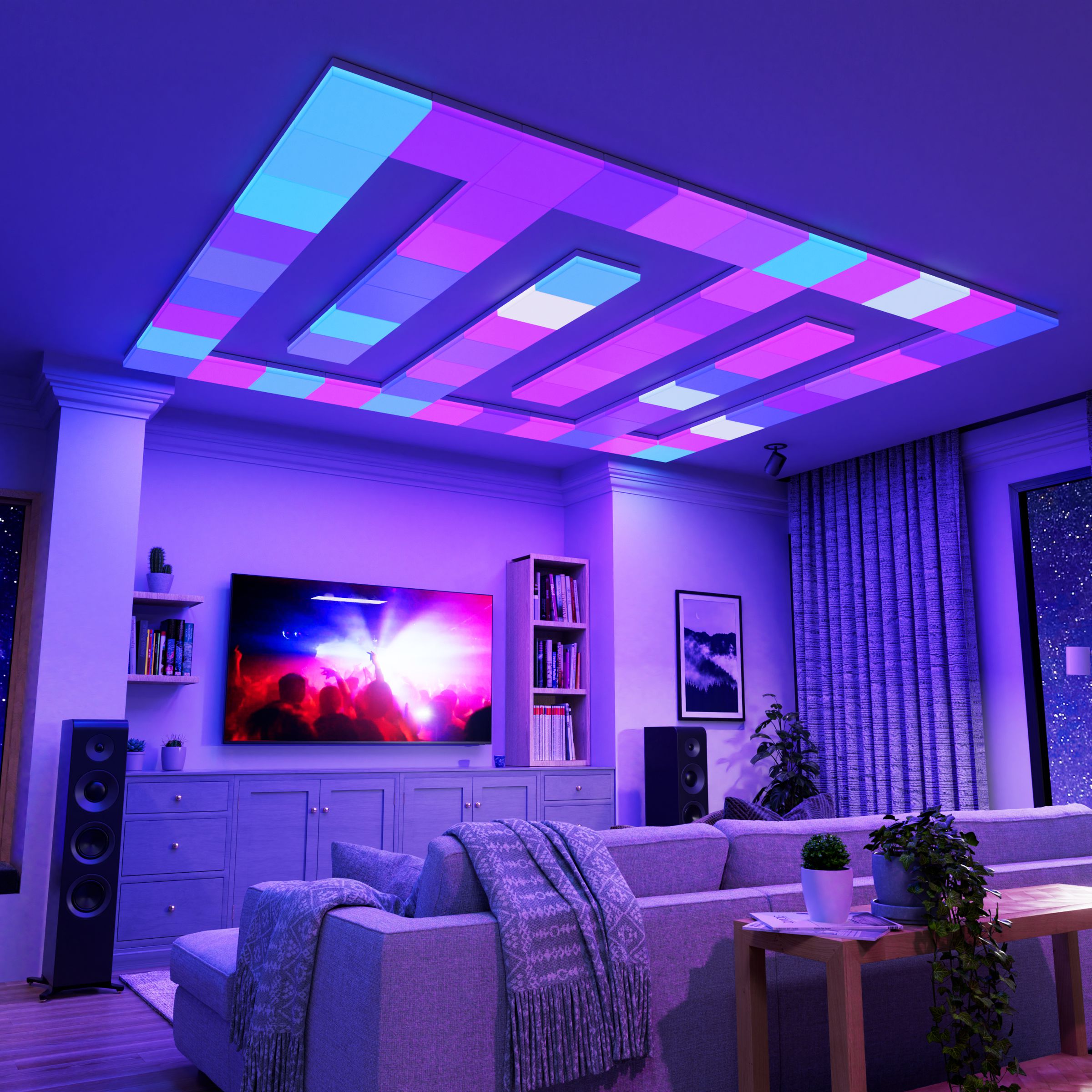 Nanoleaf’s smart LED ceiling lights lighting up a room with blue and purple lights.