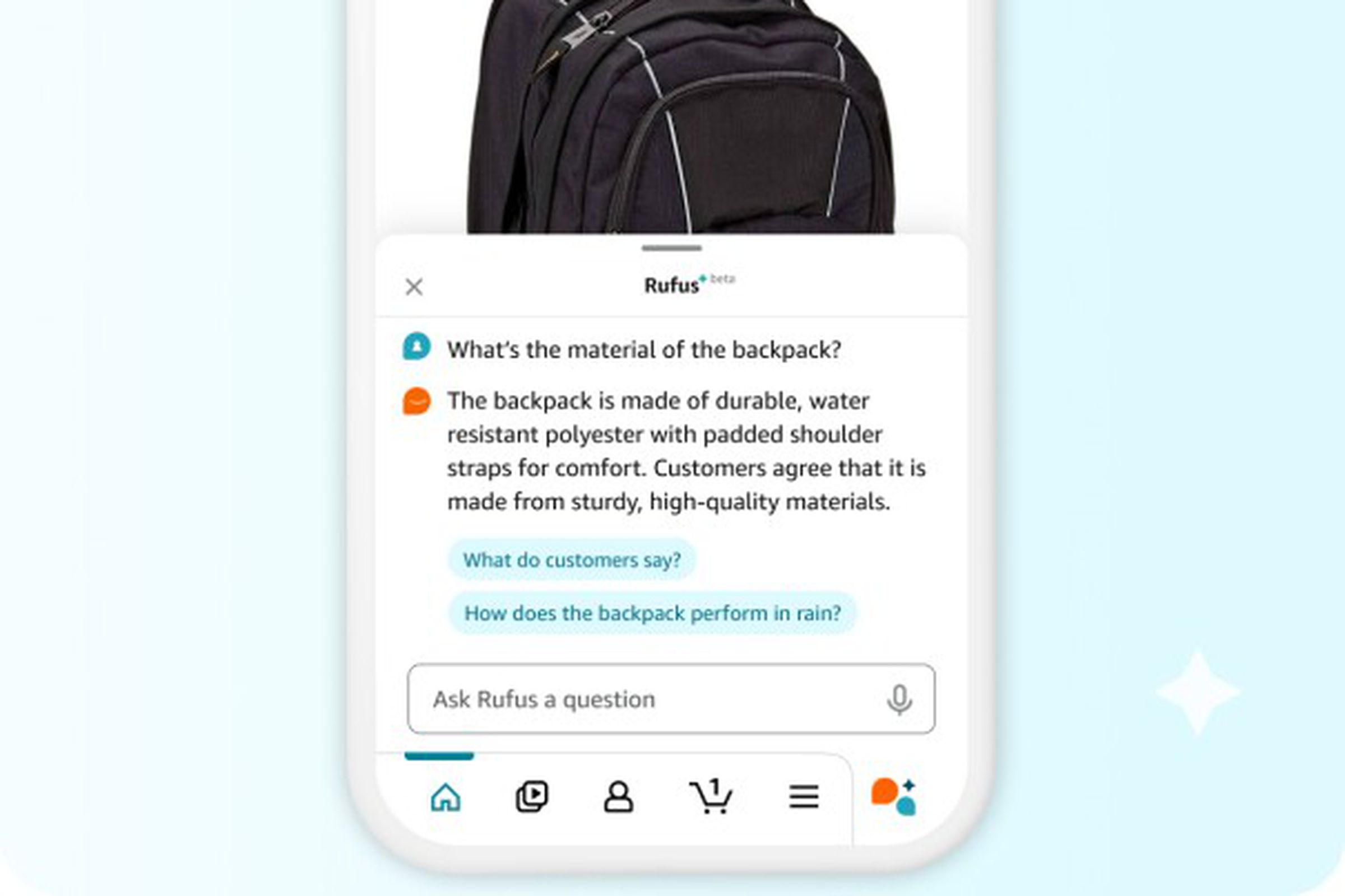 An image showing Amazon’s AI shopping assistant, Rufus
