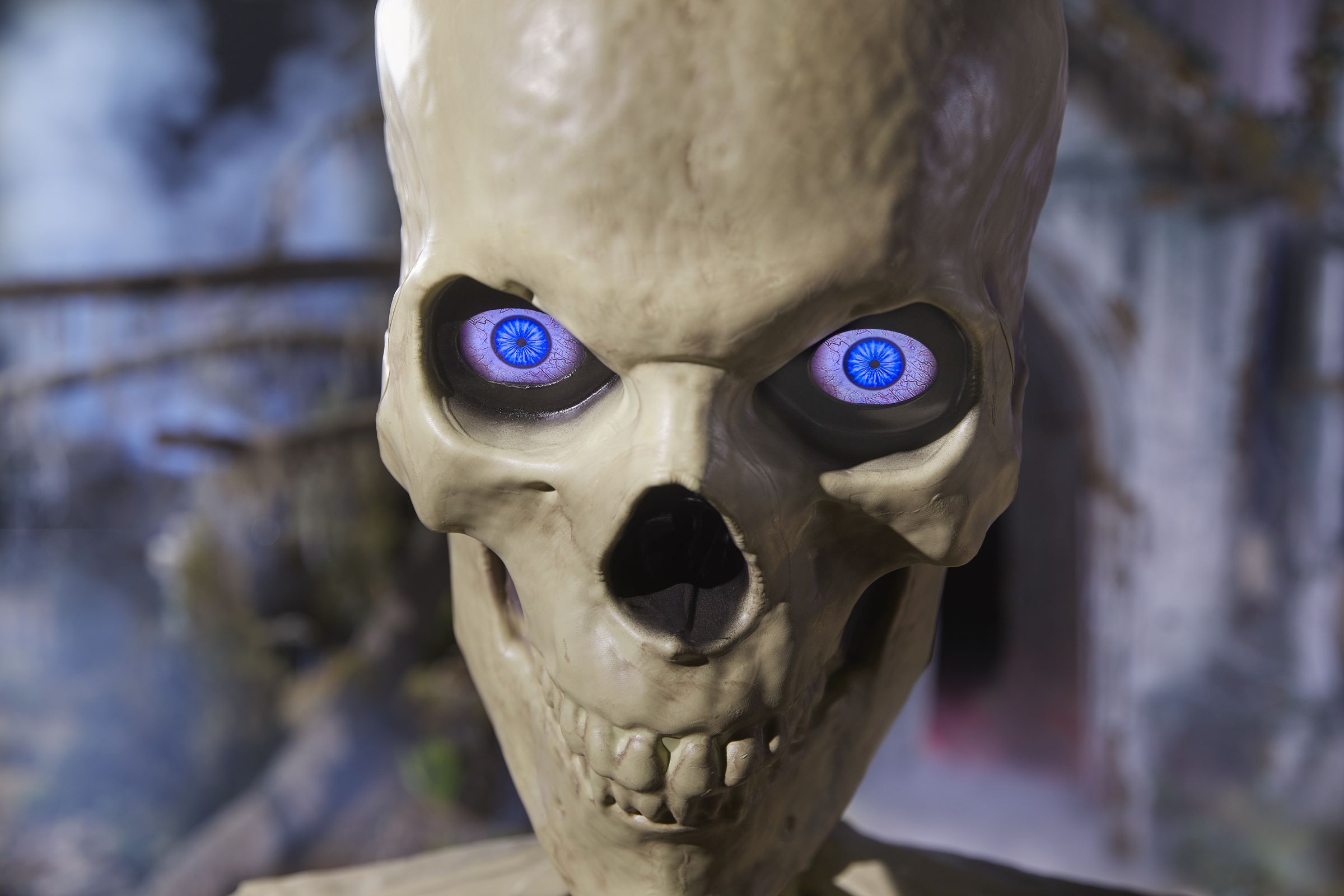 A closeup photo of the Home Depot skeleton’s LED eyes.