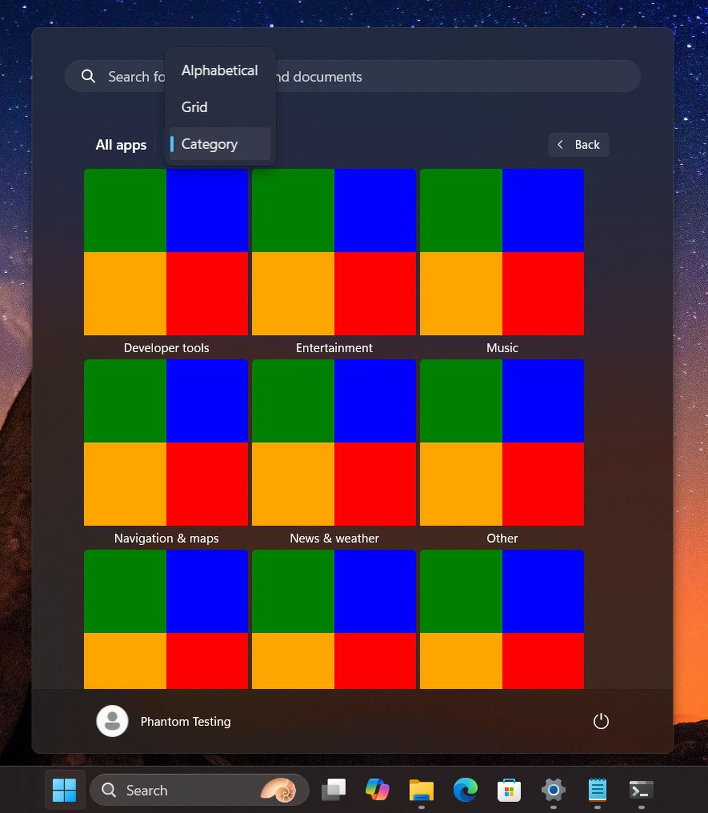 A screenshot showing grids of app categories, with labels like “Developer tools” and “Entertainment.”