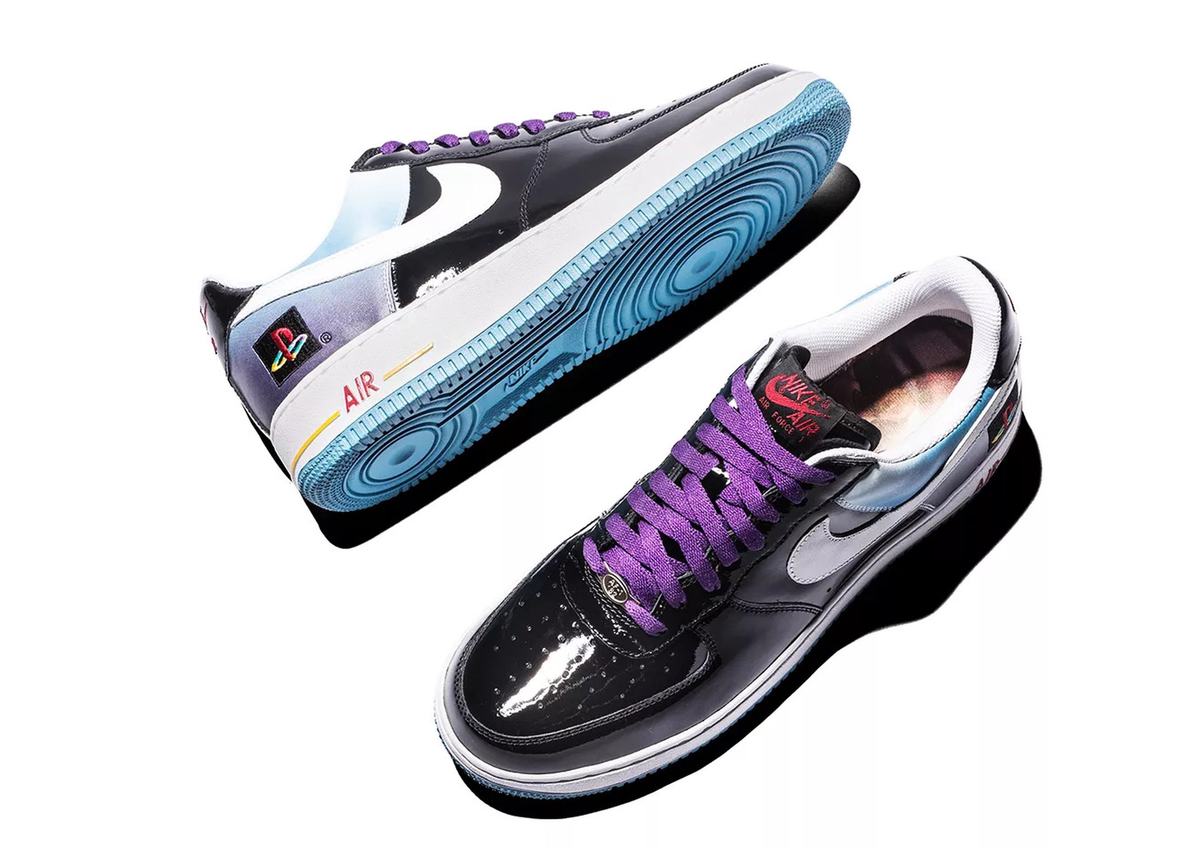 Top down photo of Nike Air Force One shoes in Purple, black, and white with a Sony PlayStation logo on the side.