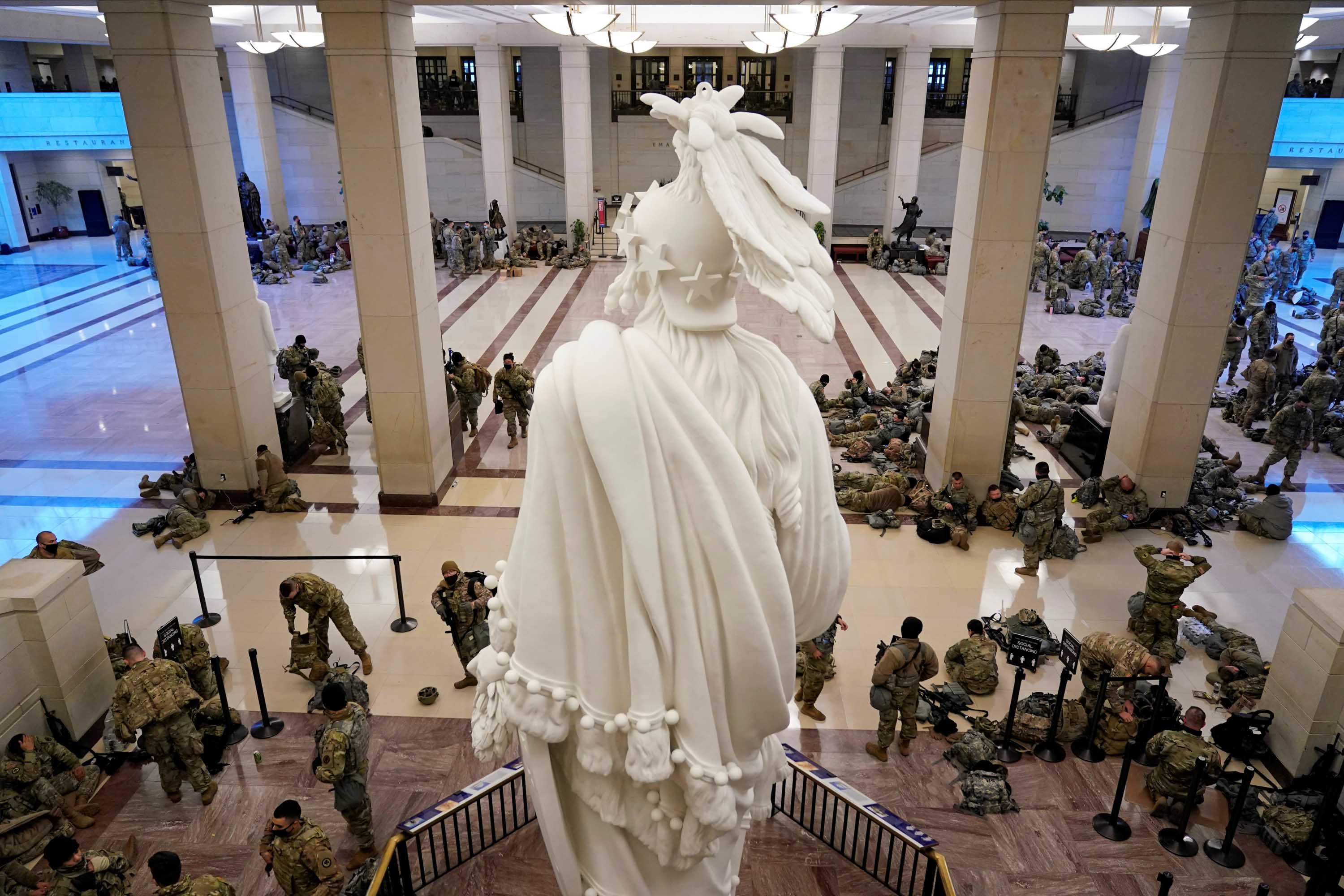 National Guard members assemble in the Capitol Visitor's Center on January 13. 