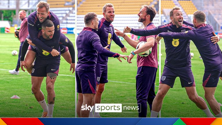 Harry Kane and Kieran Tripper celebrate football tennis win like a goal at training