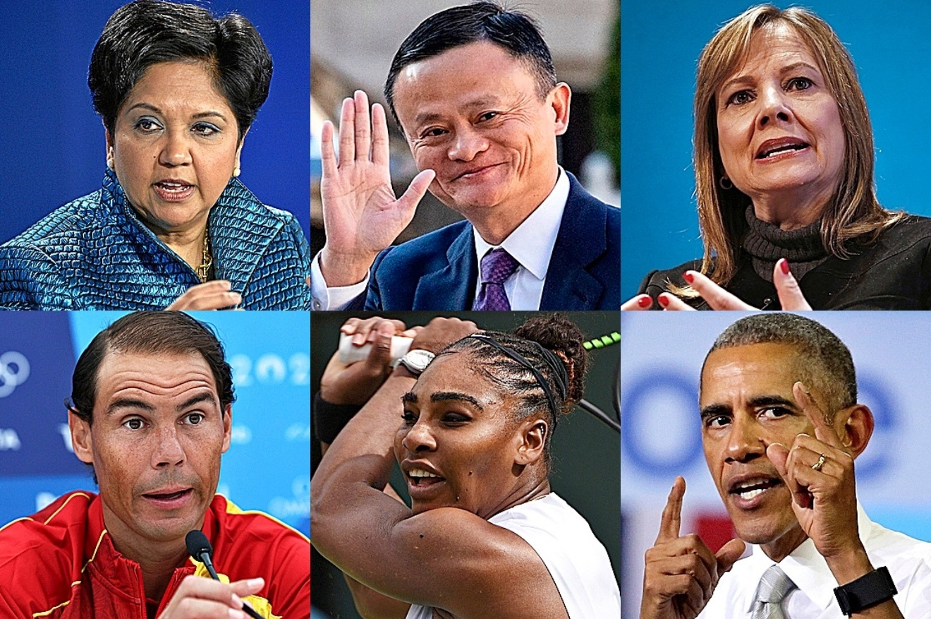 Indra Nooyi, ex-CEO de PepsiCo; Jack Ma, fundador de Alibaba Group; Mary Barra, CEO de General Motors; el deportista espa�ol Rafael Nadal; la tenista Serena Williams, y Barack Obama, expresidente de EEUU.