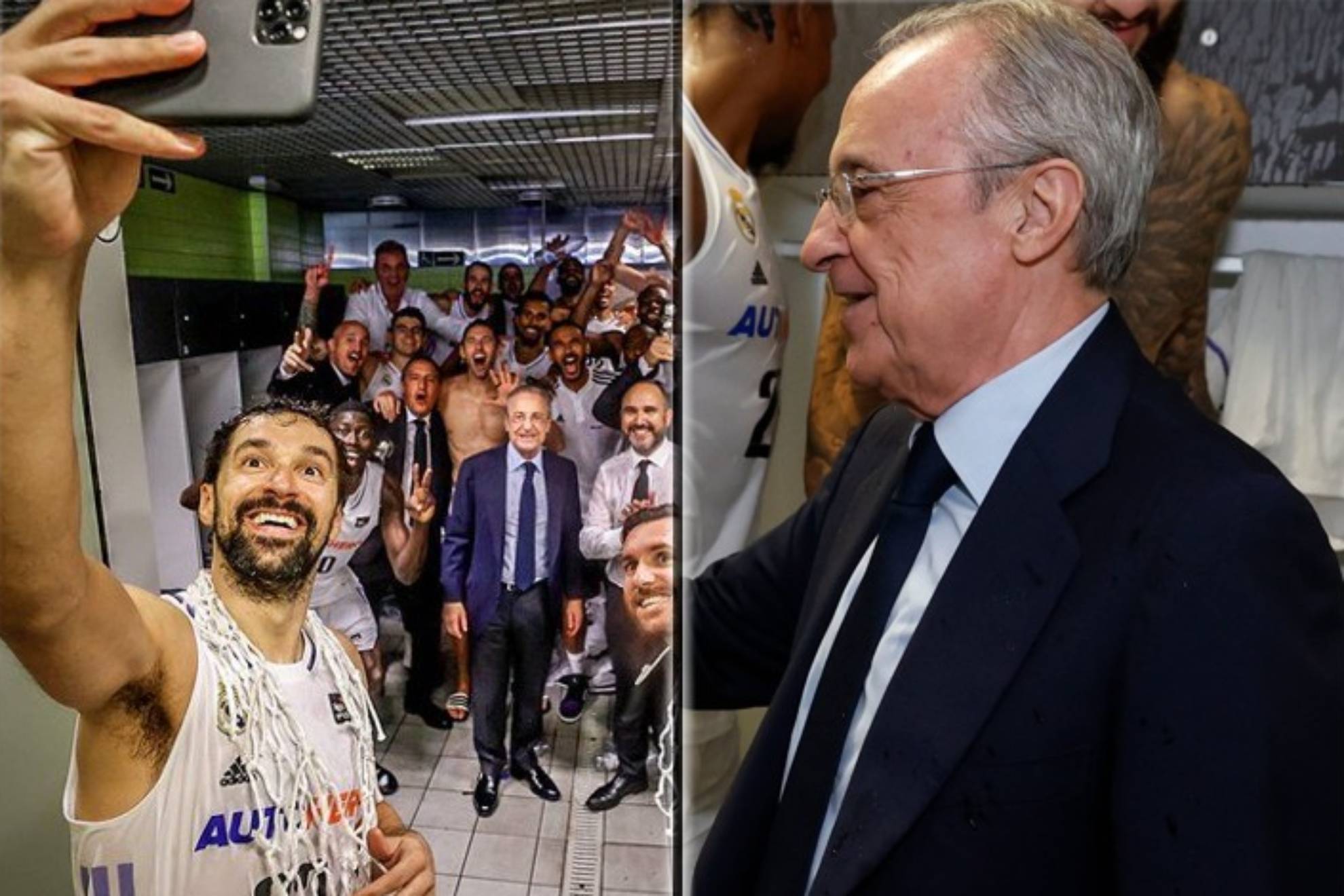 El triunfo del Real Madrid ante el F.C. Barcelona en la final de la Supercopa Endesa se celebr� en el vestuario merengue con el tradicional selfie de los campeones de Sergio Llull y la visita del presidente Florentino P�rez.