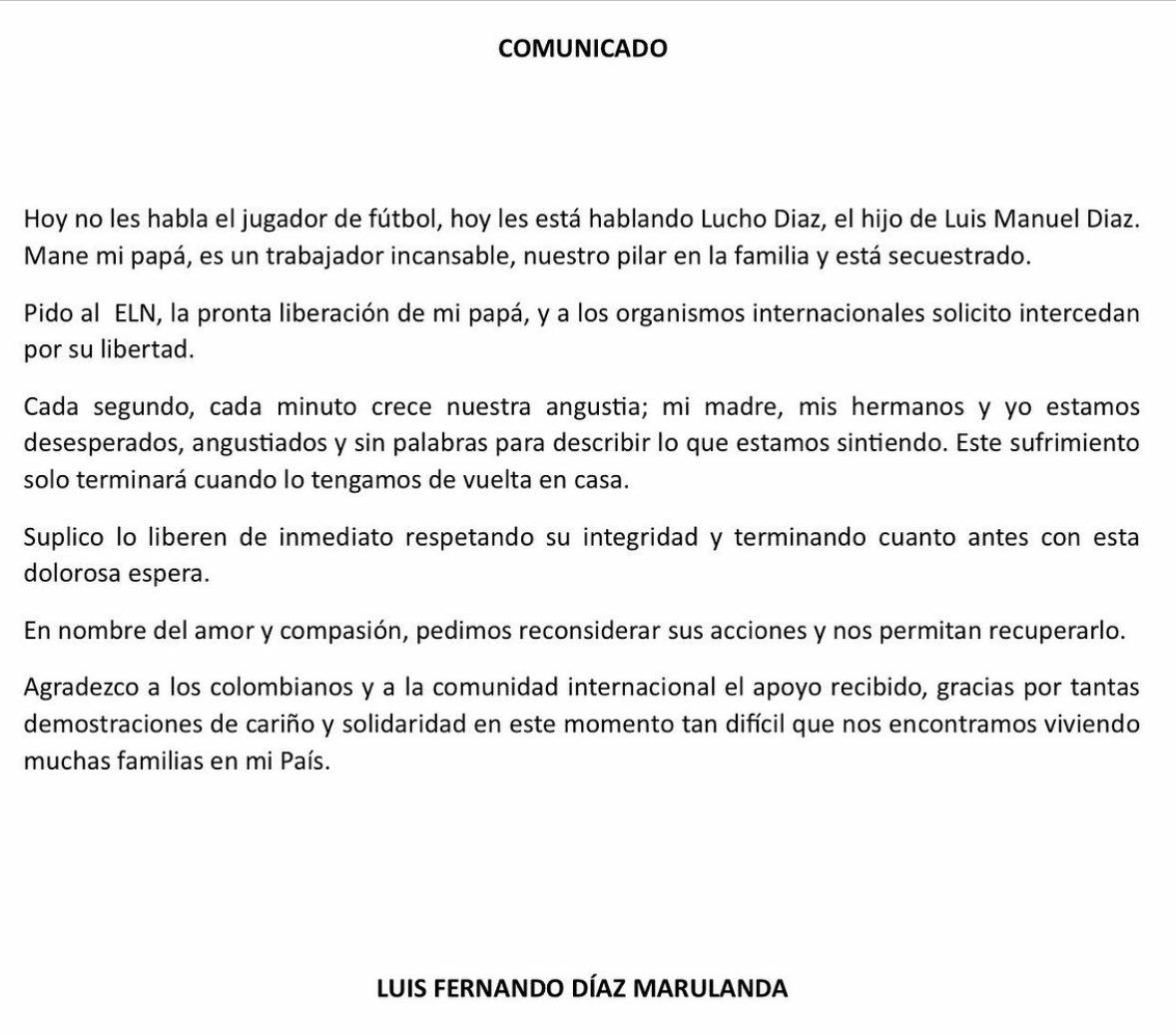 El comunicado de Luis D�az.