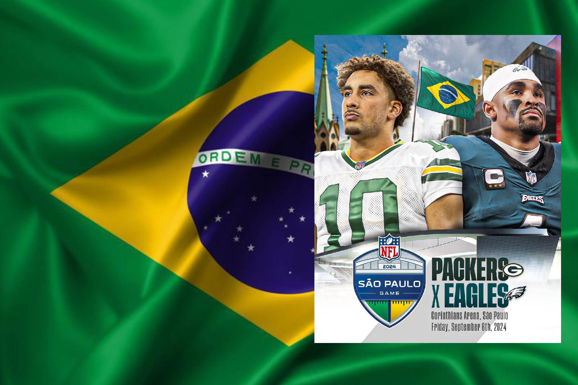 Bandera de Brasil y cartel promocional del partido en Sao Paulo