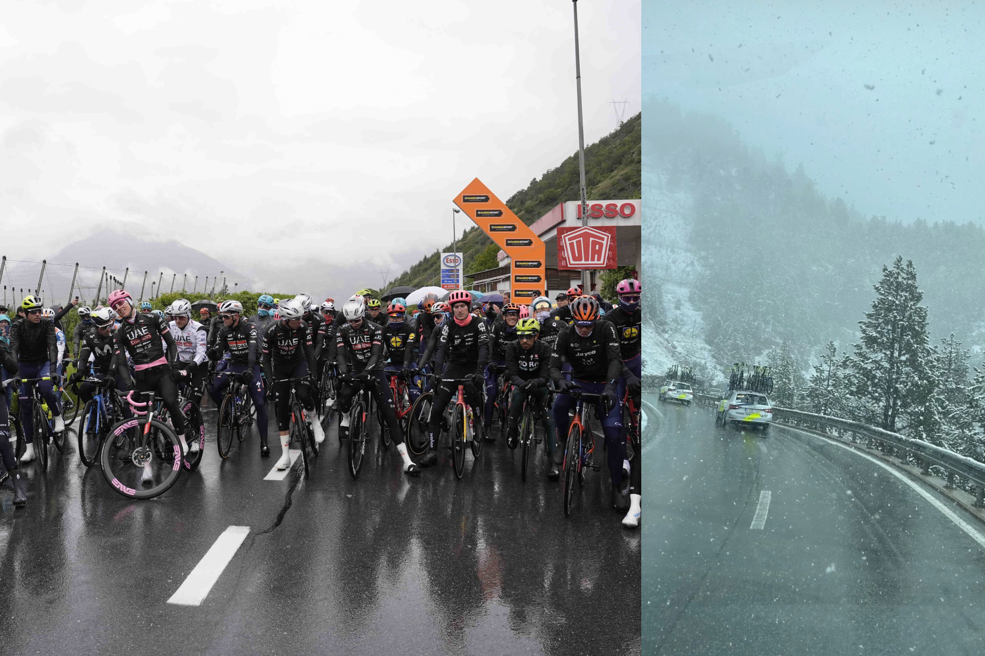 Montaje con la salida de la etapa 16 del Giro y el descenso del Stelvio