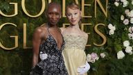 Wicked stars Cynthia Erivo and Ariana Grande on the Golden Globes red carpet. Pic: Jordan Strauss/Invision/AP