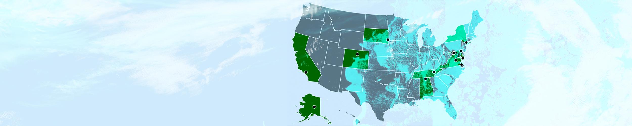 A map of the United States shows the states in which NASA's Distributed Active Archive Centers in green, with black circles marking their exact locations.