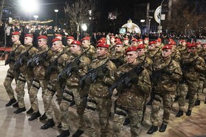 Members of the police forces of the Republic of Srpska march during a parade in Banja Luka, Bosnia-Herzegovina