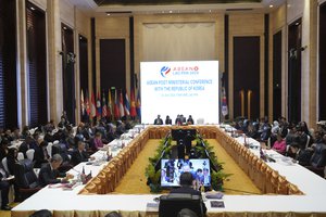 South Korea's Minister of Foreign Affairs Cho Tae-yul, center foreground, attends the ASEAN Post Ministerial Conference with South Korea at the Association of Southeast Asian Nations (ASEAN) Foreign Ministers' Meeting in Vientiane, Laos, Friday, July 26, 2024.