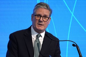 Britain's Prime Minister Keir Starmer addresses visitors during the AGF Aerospace Global Forum at the Farnborough International Airshow in Farnborough, England, Monday, July 22, 2024.