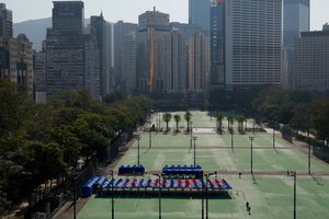 A general view of a temporary testing center for COVID-19 is seen at Victoria Park in Hong Kong, Sunday, Feb. 27, 2022.