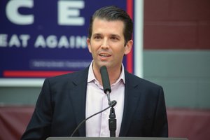 Donald Trump, Jr. speaking with supporters of his father, Donald Trump, at a campaign rally at the Sun Devil Fitness Center at Arizona State University in Tempe, Arizona, 27 October 2016