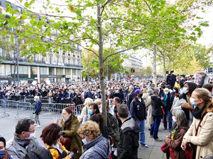 Thousands of people rally in homage to Samuel Paty, a teacher who was killed and beheaded because he had shown his students a Charlie Hebdo cartoon depicting the Islamic prophet Muhammad during a class on freedom of expression, Place de la République, Paris, France, 18th October, 2020.