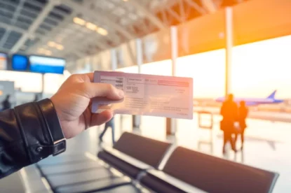 Imagem mostra viajante segurando um bilhete aéreo em um aeroporto