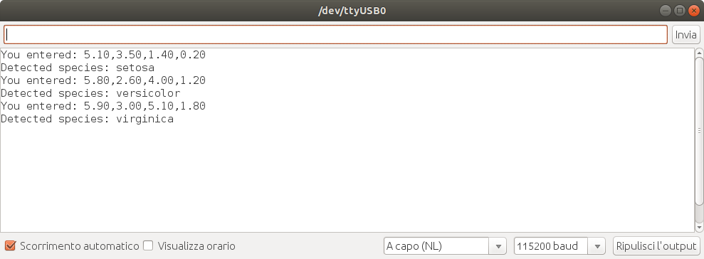 Iris classification serial output