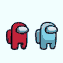 a pixellated image of two red and a blue elephant