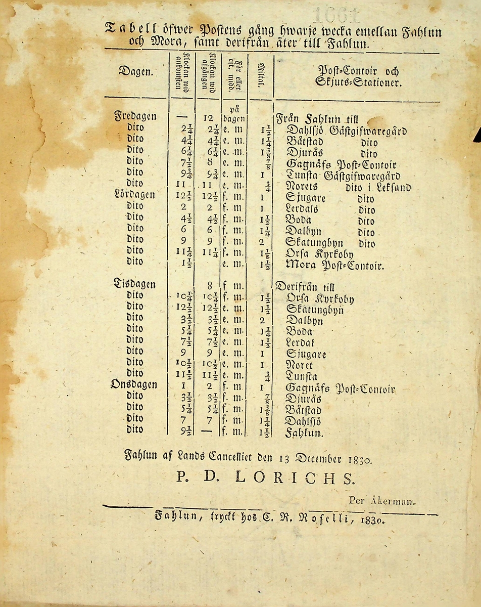 Allmän Kungörelse angående postföringen mellan Falun och Mora, daterad landskansliet i Falun d. 13/12 1830 av landshövding P. D. Lorichs. 
Samt en bifogad tabell mellan postens gång mellan Falun-Mora-Falun.