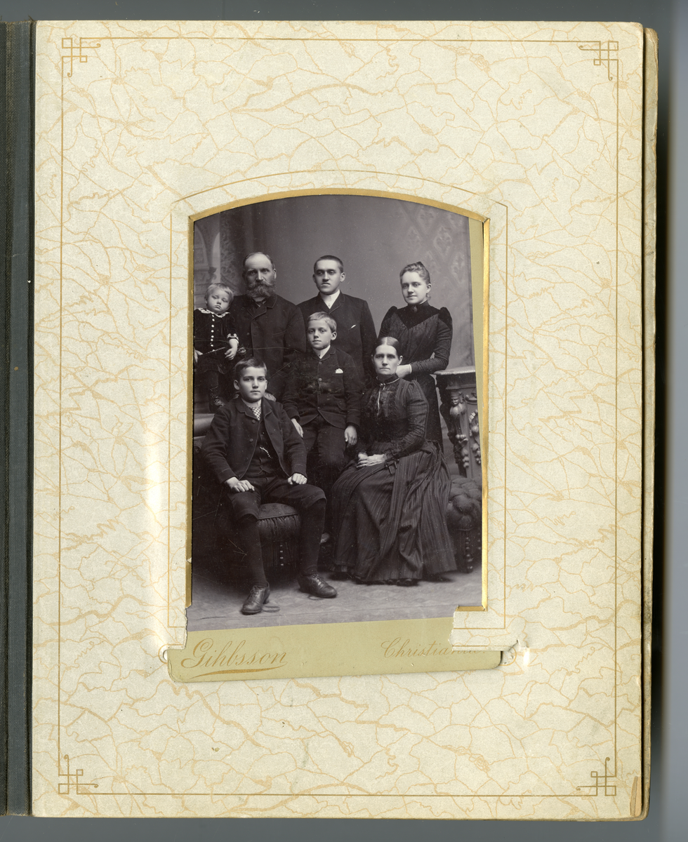 Portrett av familie.

Påskrift: Gihbson Christiania. 

Påskrift bak: Sølvmedalje. Skien 1891. Gihbsson. Christiania. Carl Johansgate 19. Ovesems Eftfl. J.L.N

Påskrift på lapp som lå i album: Thommesen