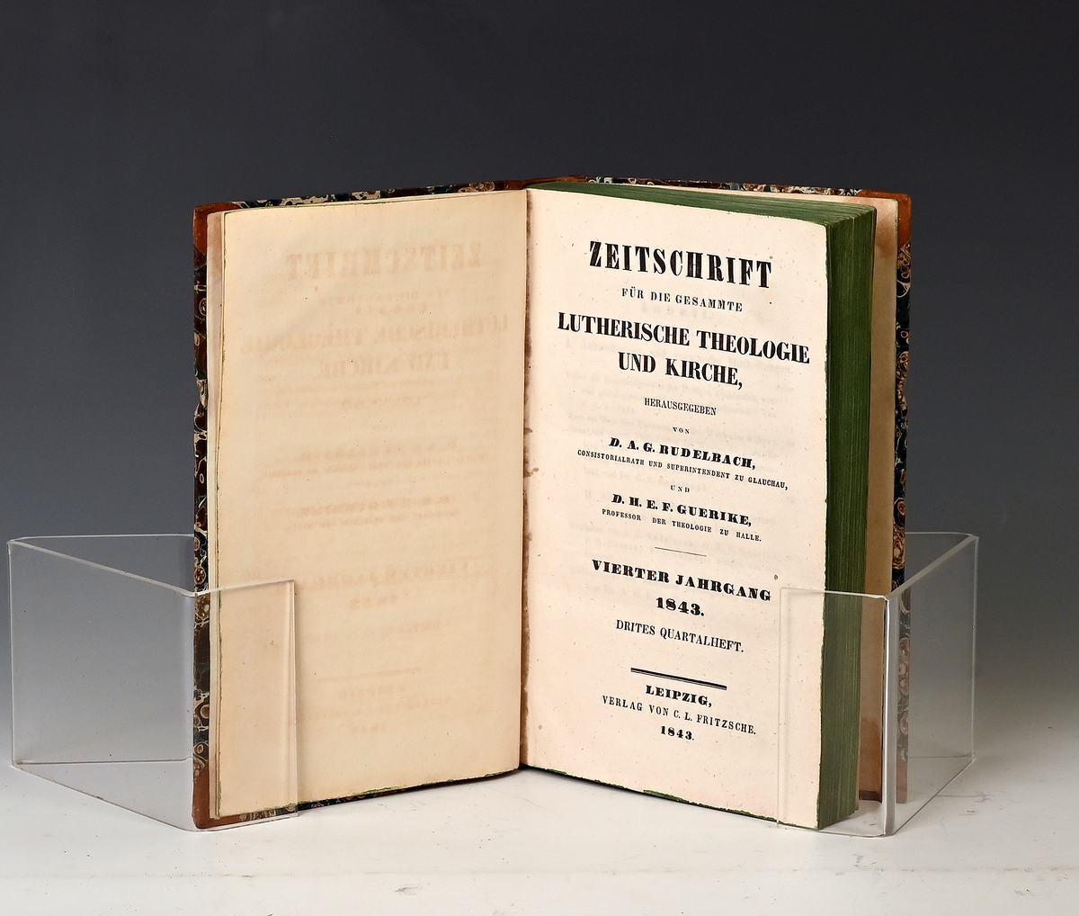 Zeitschrifte für die gegesammte lutherische Theologie und Kirche. Hgg. v. D. A. G. Rudalbach und D. H. E. F. Guerike.
III Jahrg. 1842 Kv. 1-4
IV Jahrg. 1843 Kv.  1-4
V Jahrg. 1844 Kv. 1-4
VI Jahrg. 1845 Kv. 1-4
VII Jahrg. 1846 Kv. 1-2, 3-4
VIII a Jahrg. 1847 1-2, 3-4
IX b Jahrg. 1848 1-2, 3-4
X c Jahrg. 1849 (4 hefte)
