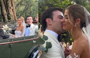 Gabriela Tafur, exreina de belleza colombiana, y Esteban Santos, hijo del expresidente Juan Manuel Santos, en su boda. FOTOS: Tomadas de @miss_coronas·